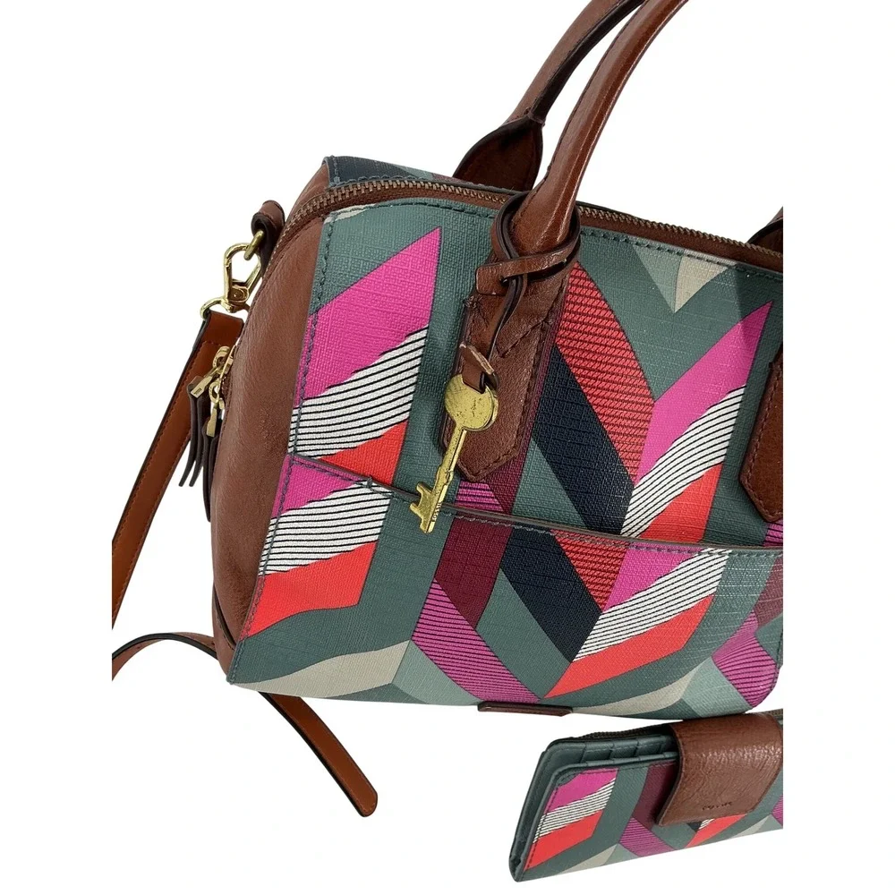 Fossil Geometric Print Satchel Crossbody Bag and Wallet Set Brown Leather‎ Trim
